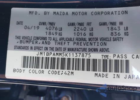 2019 Mazda Mazda3 Preferred Package from USA, damaged, VIN JM1BPAMM5K1137875